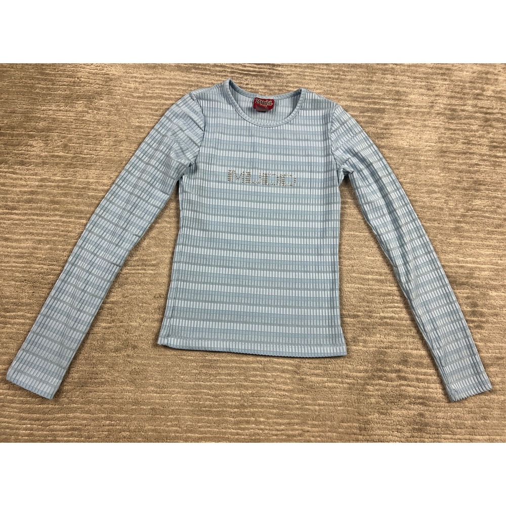 Mudd Top Womens Small Blue Long Sleeve Ribbed Rhinestone Logo Y2K 90s Vintage